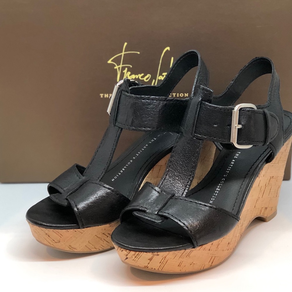 Franco Sarto Black Leather Wedges